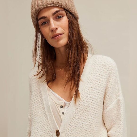free people M Ivory Herringbone Stitch Pattern Kimono Cardigan Sweater - Picture 6 of 16